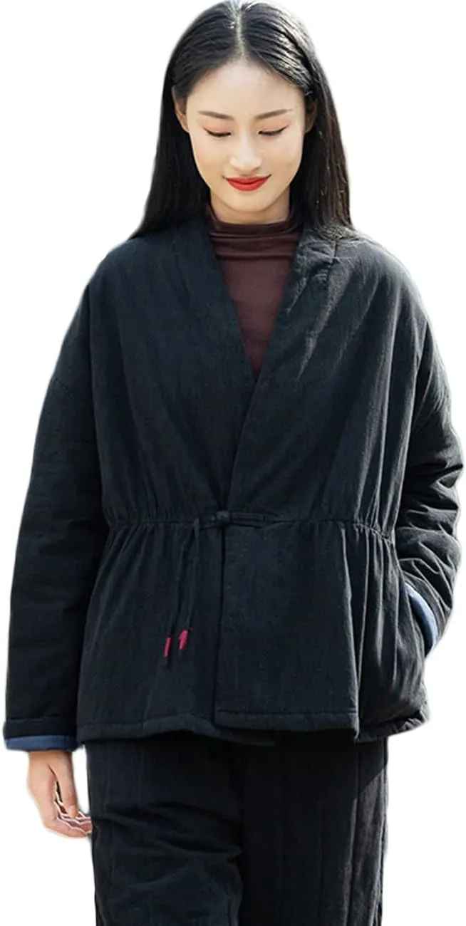 NFYM Women Winter Coats Linen Cotton Padded Clothes Chinese Hanfu Buttons V-neck Short Quilted Jacket Coat Outerwear