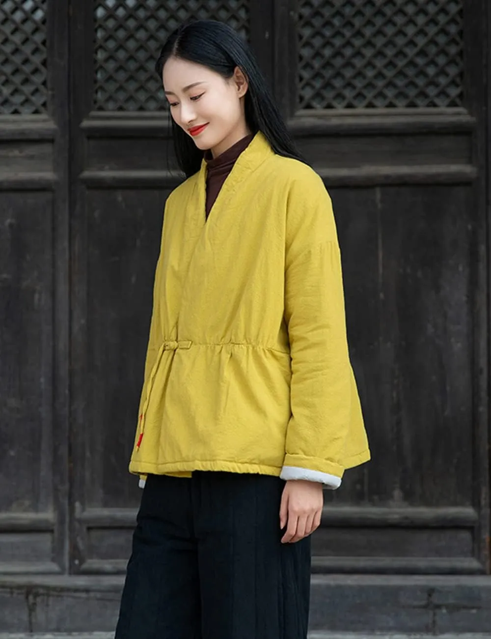 NFYM Women Winter Coats Linen Cotton Padded Clothes Chinese Hanfu Buttons V-neck Short Quilted Jacket Coat Outerwear