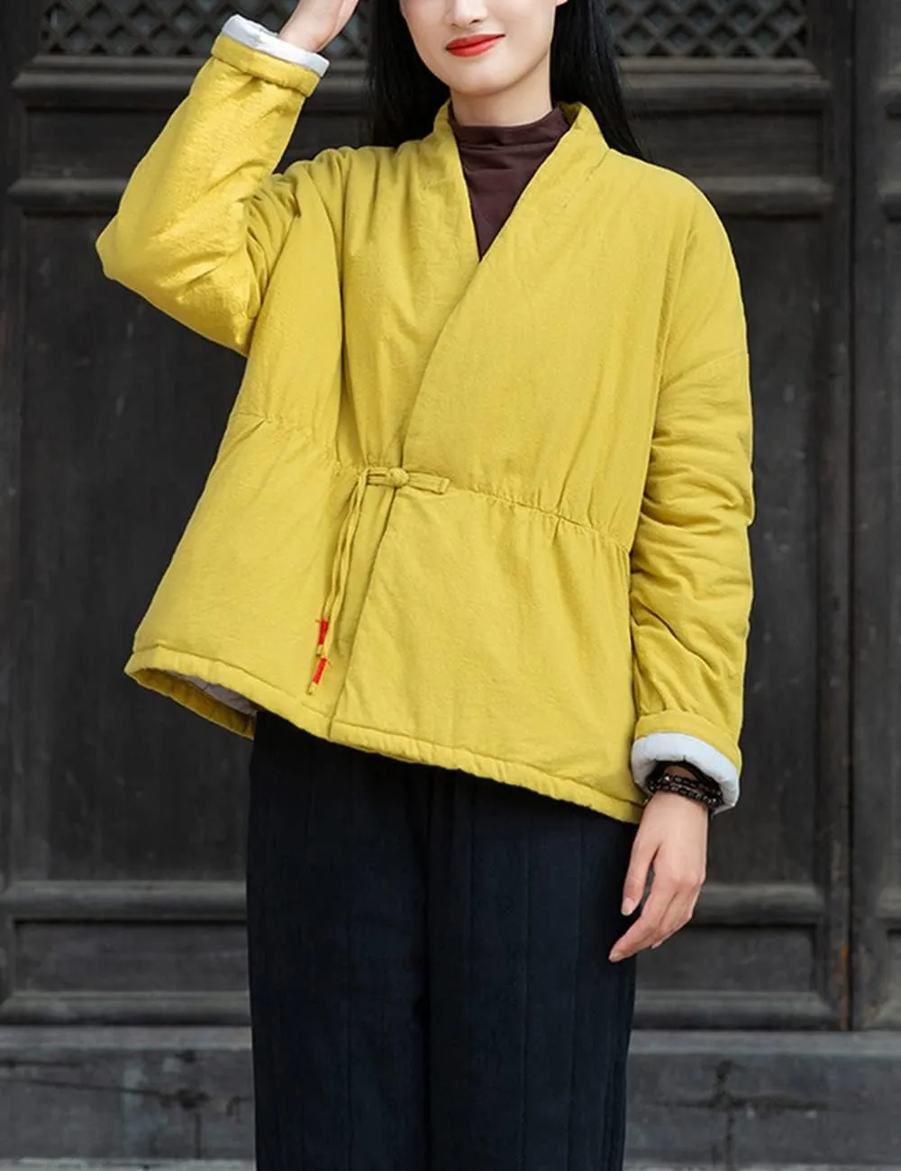 NFYM Women Winter Coats Linen Cotton Padded Clothes Chinese Hanfu Buttons V-neck Short Quilted Jacket Coat Outerwear