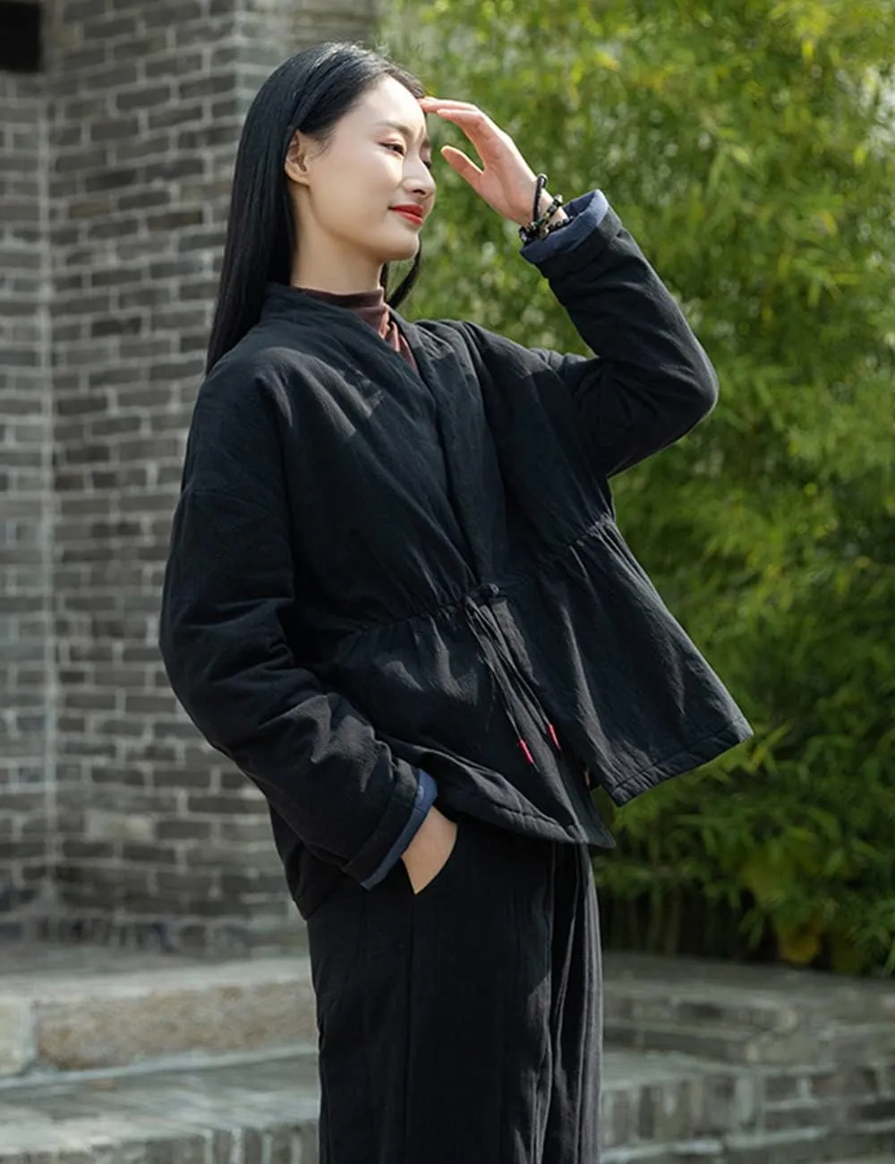 NFYM Women Winter Coats Linen Cotton Padded Clothes Chinese Hanfu Buttons V-neck Short Quilted Jacket Coat Outerwear