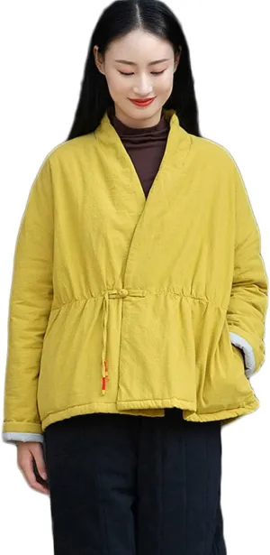 NFYM Women Winter Coats Linen Cotton Padded Clothes Chinese Hanfu Buttons V-neck Short Quilted Jacket Coat Outerwear