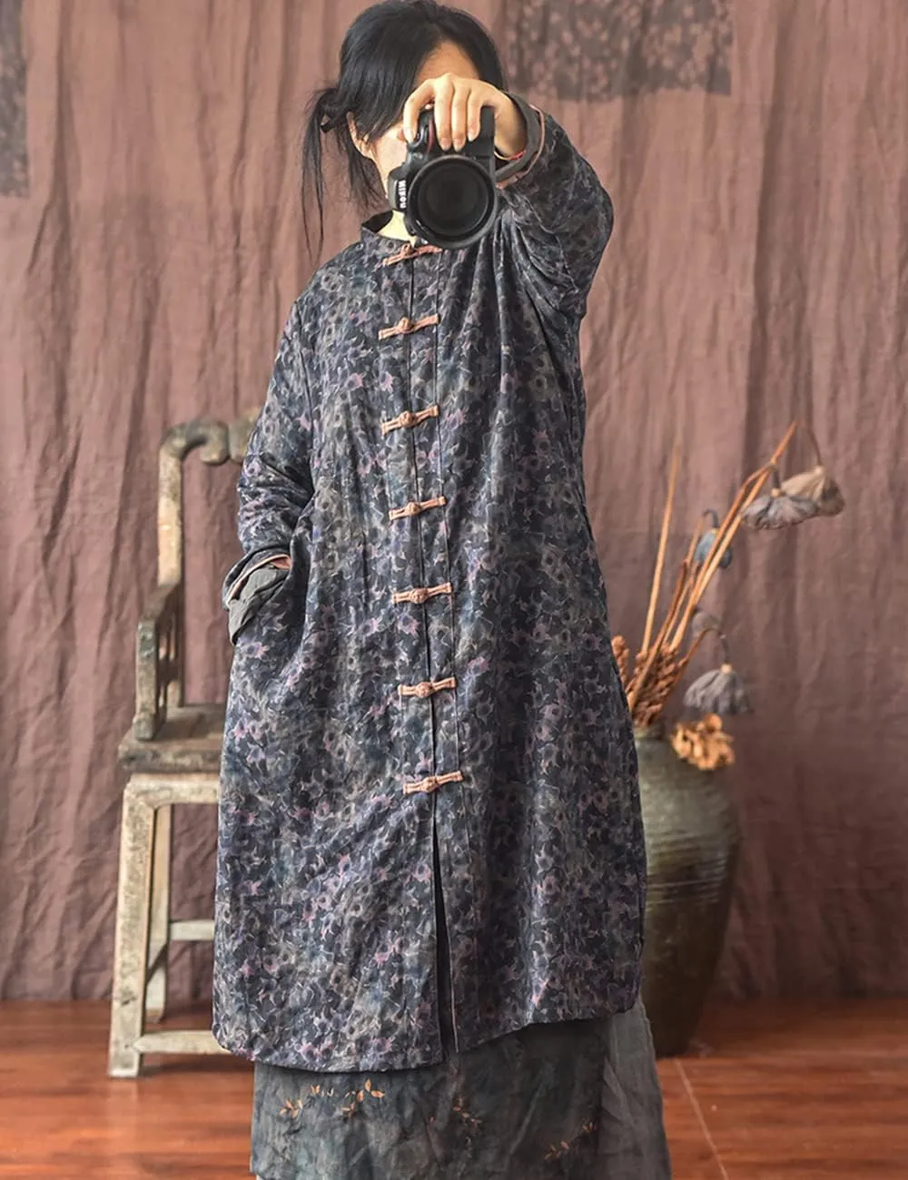 NFYM Women's Linen Long Trench Coat Vintage Floral Printed Open Front Frog Button Down Outerwear Long Jacket
