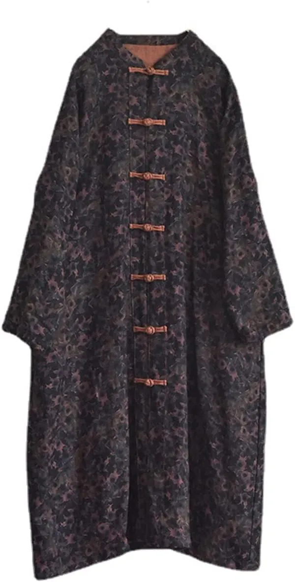 NFYM Women's Linen Long Trench Coat Vintage Floral Printed Open Front Frog Button Down Outerwear Long Jacket