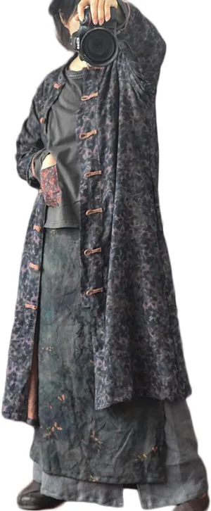 NFYM Women's Linen Long Trench Coat Vintage Floral Printed Open Front Frog Button Down Outerwear Long Jacket