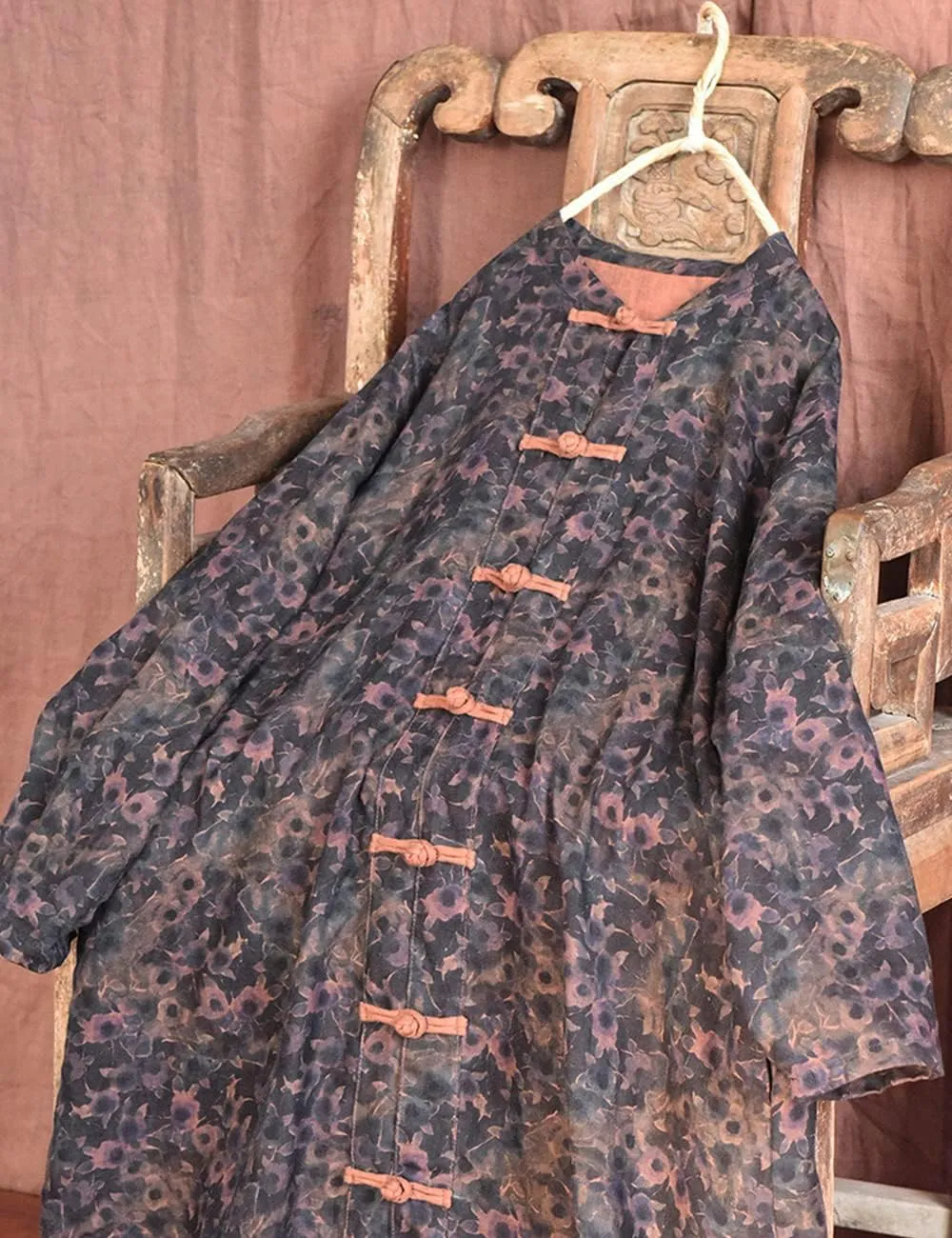 NFYM Women's Linen Long Trench Coat Vintage Floral Printed Open Front Frog Button Down Outerwear Long Jacket