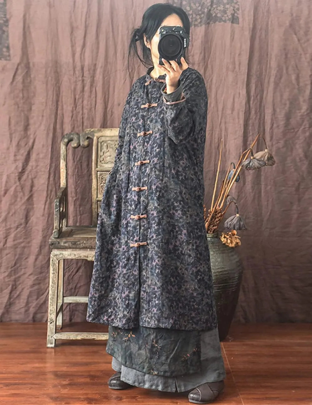 NFYM Women's Linen Long Trench Coat Vintage Floral Printed Open Front Frog Button Down Outerwear Long Jacket
