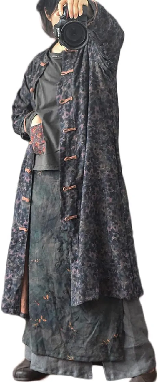 NFYM Women's Linen Long Trench Coat Vintage Floral Printed Open Front Frog Button Down Outerwear Long Jacket