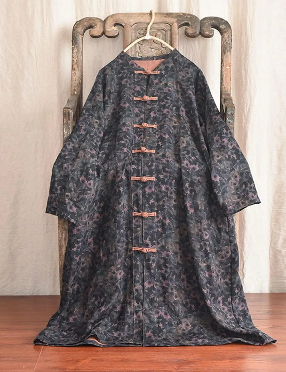 NFYM Women's Linen Long Trench Coat Vintage Floral Printed Open Front Frog Button Down Outerwear Long Jacket