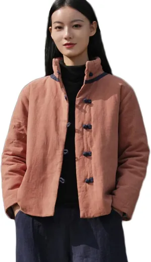 NFYM Women's Quilted Lightweight Short Jacket Stand Collar Outerwear Cotton Linen Padded Chinese Style Tang Suit