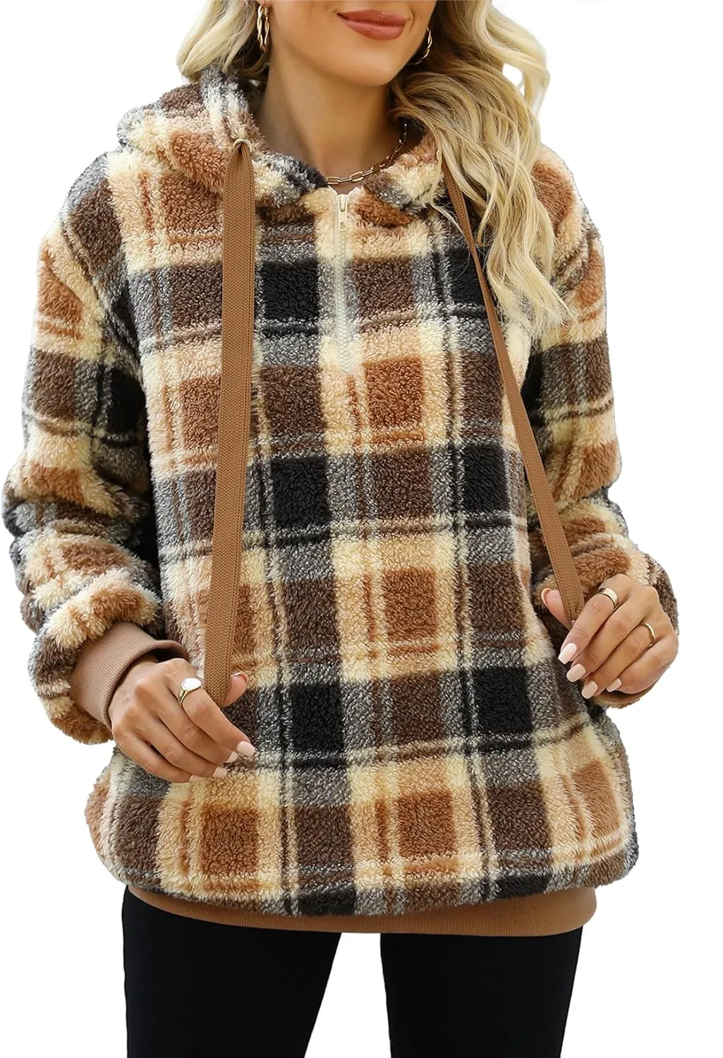 Nirovien Womens Sherpa Pullover Oversized Fuzzy Hoodie Double Fleece Sweatshirts Fluffy Plaid Outerwear Warm Coats