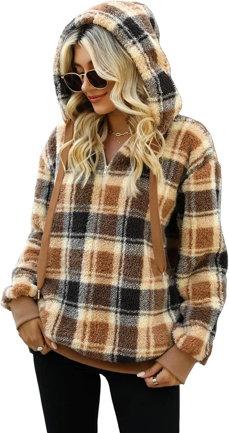 Nirovien Womens Sherpa Pullover Oversized Fuzzy Hoodie Double Fleece Sweatshirts Fluffy Plaid Outerwear Warm Coats