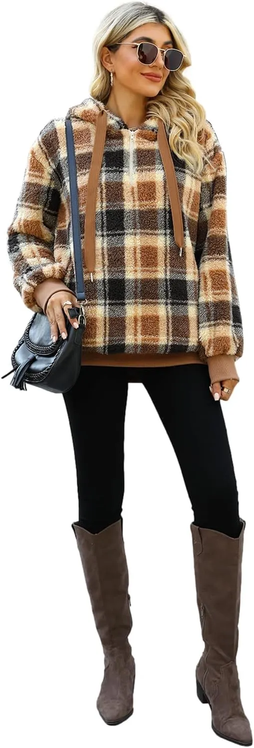 Nirovien Womens Sherpa Pullover Oversized Fuzzy Hoodie Double Fleece Sweatshirts Fluffy Plaid Outerwear Warm Coats