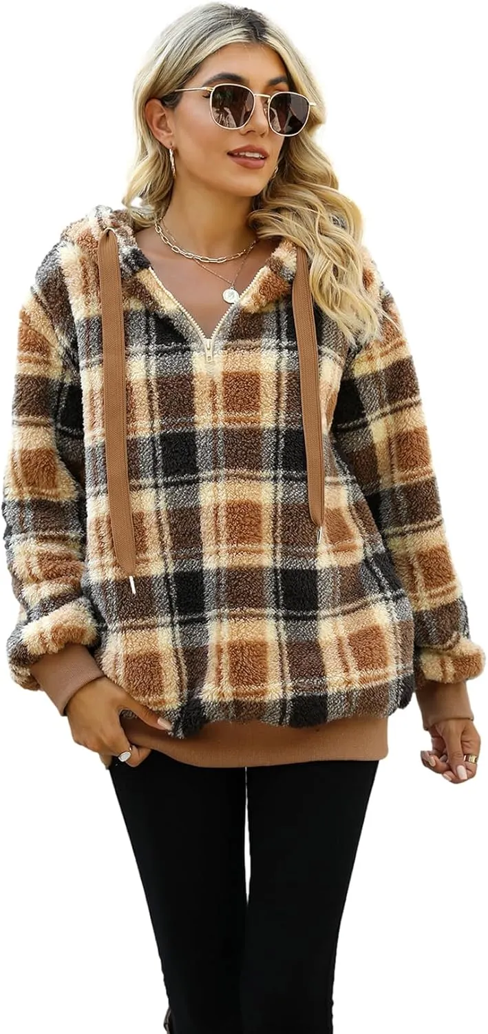 Nirovien Womens Sherpa Pullover Oversized Fuzzy Hoodie Double Fleece Sweatshirts Fluffy Plaid Outerwear Warm Coats