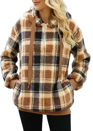 Nirovien Womens Sherpa Pullover Oversized Fuzzy Hoodie Double Fleece Sweatshirts Fluffy Plaid Outerwear Warm Coats