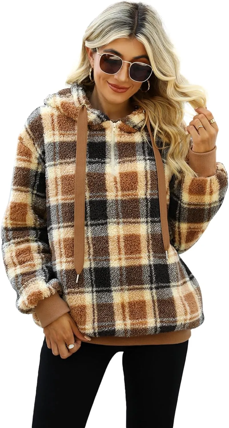 Nirovien Womens Sherpa Pullover Oversized Fuzzy Hoodie Double Fleece Sweatshirts Fluffy Plaid Outerwear Warm Coats