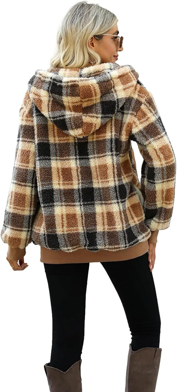 Nirovien Womens Sherpa Pullover Oversized Fuzzy Hoodie Double Fleece Sweatshirts Fluffy Plaid Outerwear Warm Coats