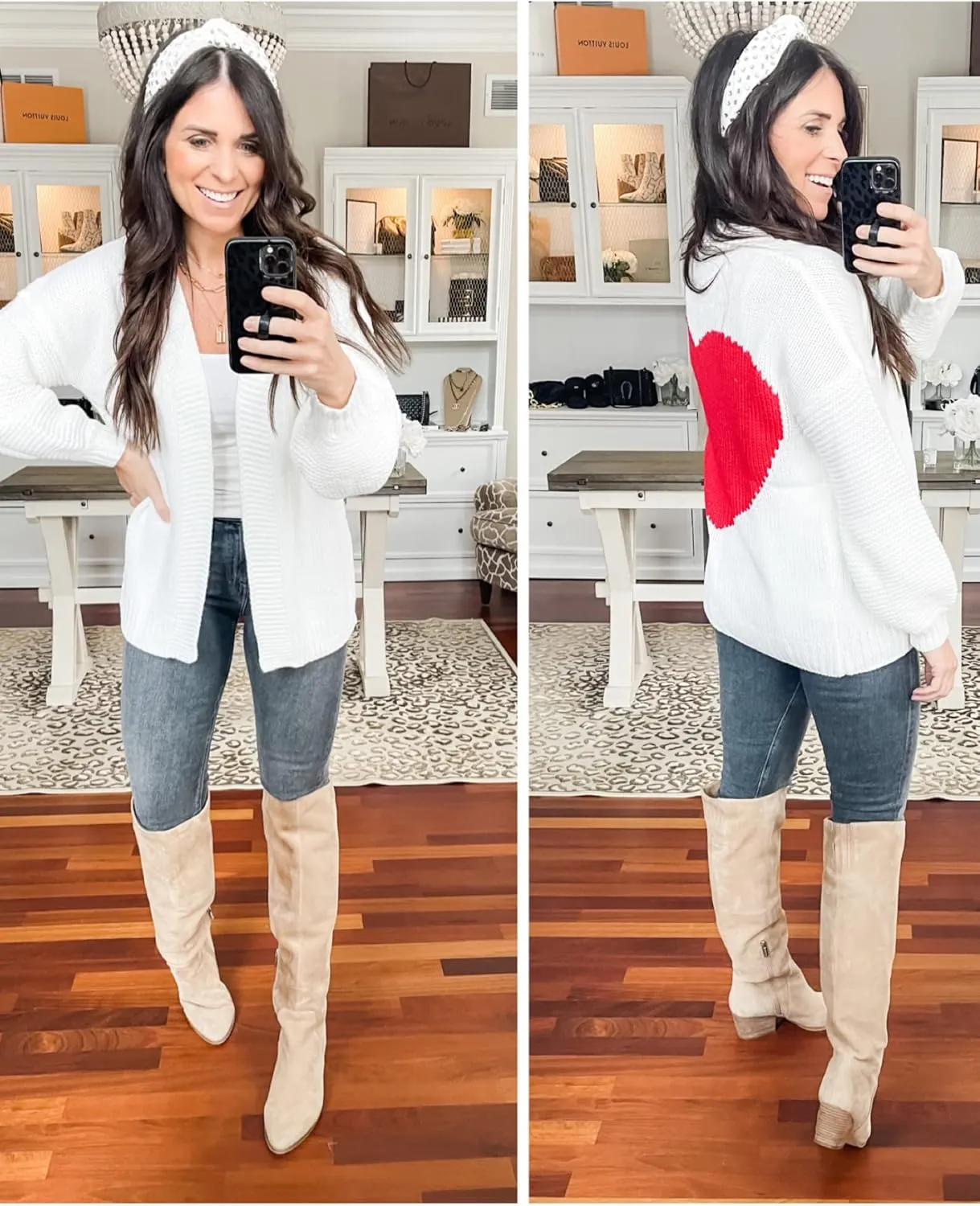Nulibenna Women Knitted Heart Patch Open Front Long Sleeve Chunky Oversized Cardigan Sweater Loose Valentine Outerwear Coat