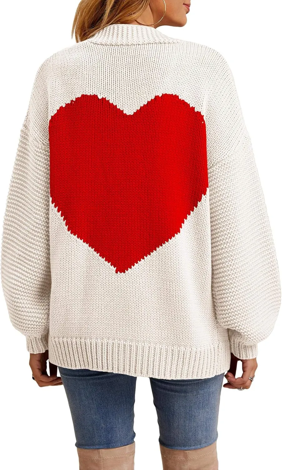 Nulibenna Women Knitted Heart Patch Open Front Long Sleeve Chunky Oversized Cardigan Sweater Loose Valentine Outerwear Coat