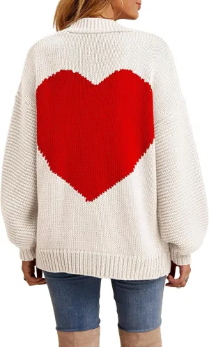Nulibenna Women Knitted Heart Patch Open Front Long Sleeve Chunky Oversized Cardigan Sweater Loose Valentine Outerwear Coat