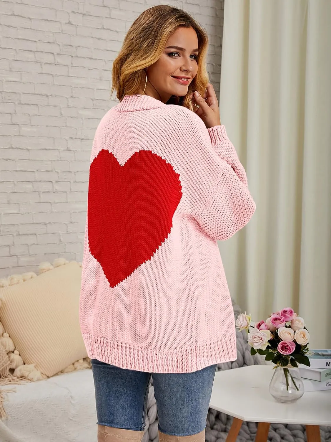 Nulibenna Women Knitted Heart Patch Open Front Long Sleeve Chunky Oversized Cardigan Sweater Loose Valentine Outerwear Coat