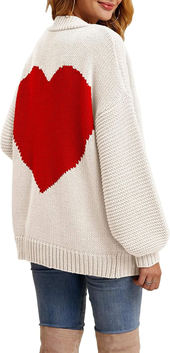 Nulibenna Women Knitted Heart Patch Open Front Long Sleeve Chunky Oversized Cardigan Sweater Loose Valentine Outerwear Coat