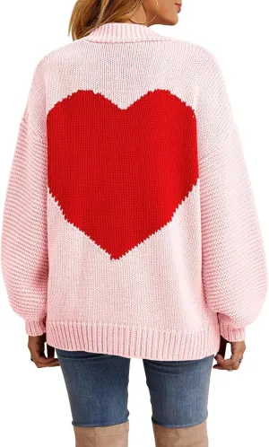 Nulibenna Women Knitted Heart Patch Open Front Long Sleeve Chunky Oversized Cardigan Sweater Loose Valentine Outerwear Coat