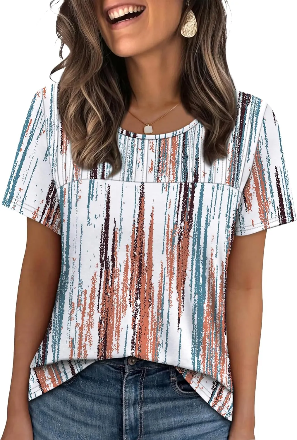 OFEEFAN Women's Clothing Trendy Short Sleeve Summer Tops Dressy Casual Crewneck T Shirts Plus Size Spring Clothes Loose Fit