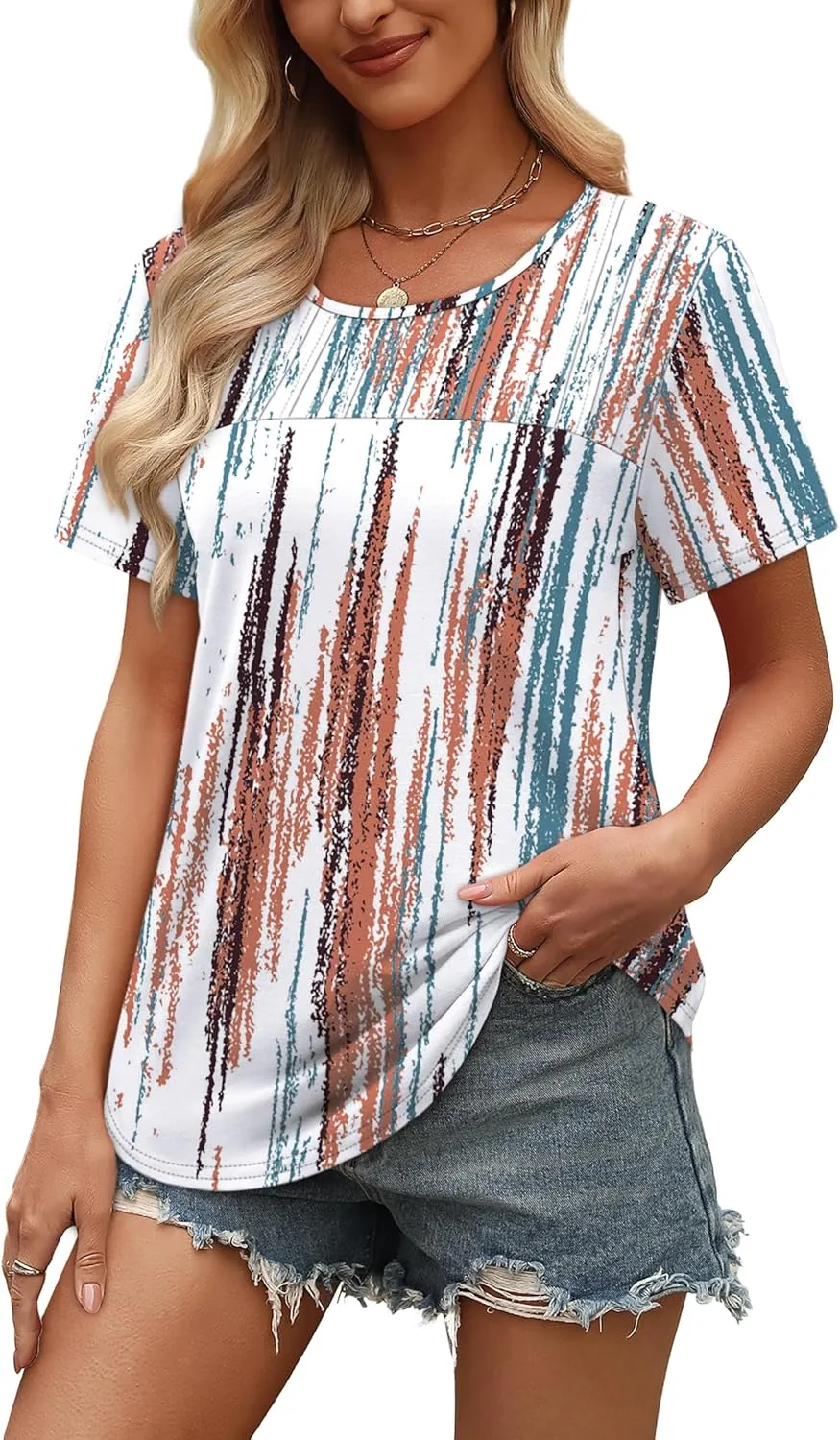 OFEEFAN Women's Clothing Trendy Short Sleeve Summer Tops Dressy Casual Crewneck T Shirts Plus Size Spring Clothes Loose Fit