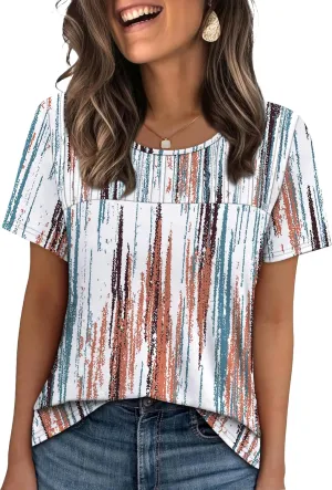 OFEEFAN Women's Clothing Trendy Short Sleeve Summer Tops Dressy Casual Crewneck T Shirts Plus Size Spring Clothes Loose Fit