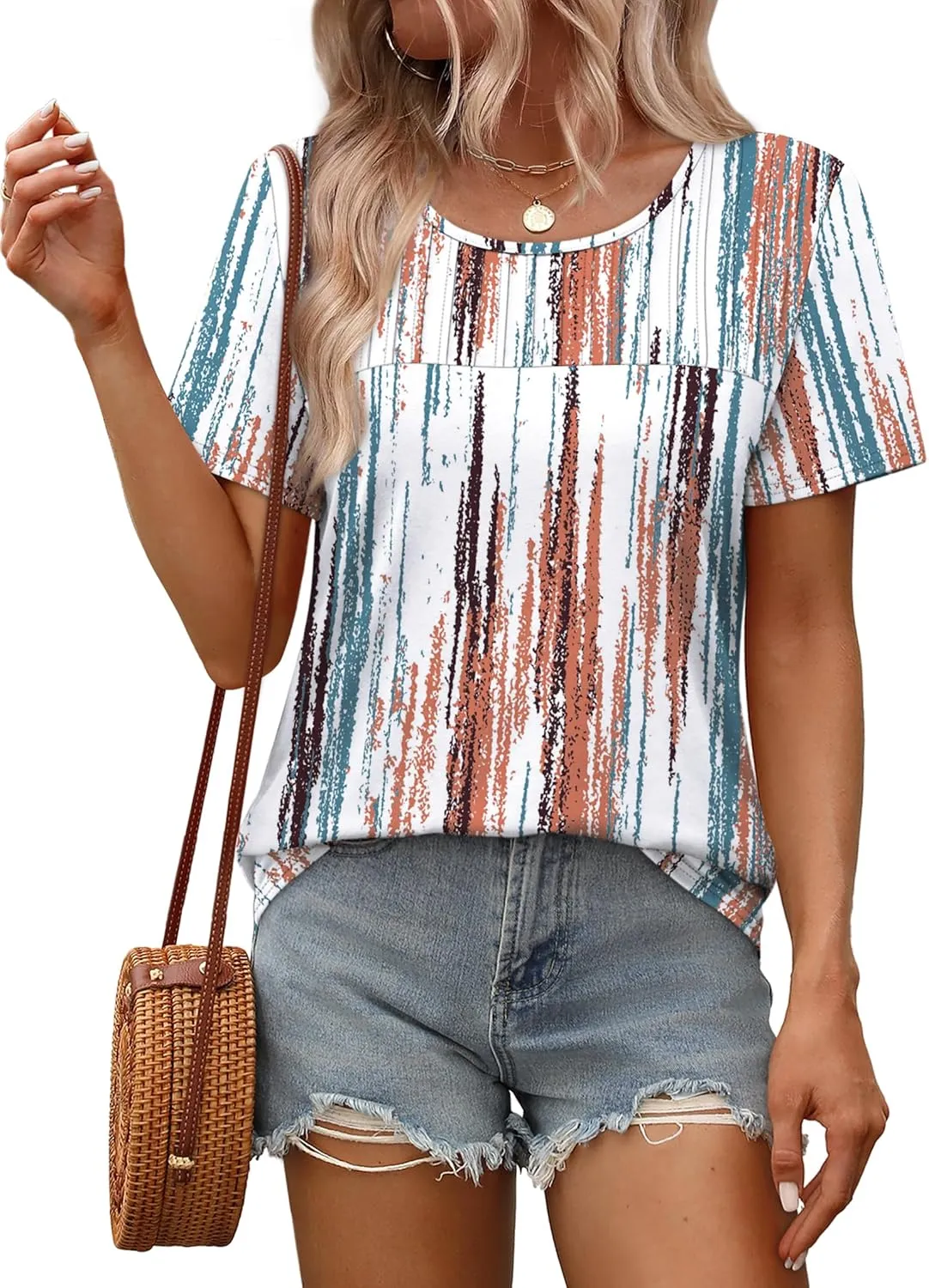 OFEEFAN Women's Clothing Trendy Short Sleeve Summer Tops Dressy Casual Crewneck T Shirts Plus Size Spring Clothes Loose Fit