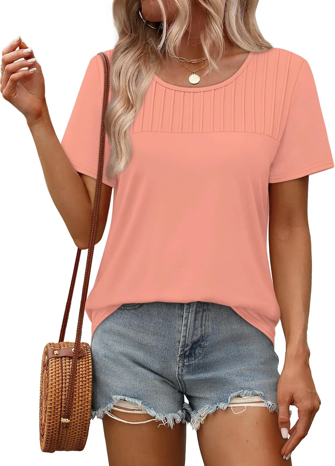 OFEEFAN Women's Clothing Trendy Short Sleeve Summer Tops Dressy Casual Crewneck T Shirts Plus Size Spring Clothes Loose Fit