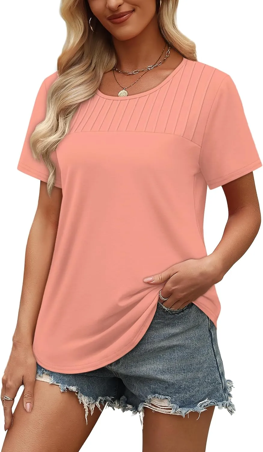 OFEEFAN Women's Clothing Trendy Short Sleeve Summer Tops Dressy Casual Crewneck T Shirts Plus Size Spring Clothes Loose Fit