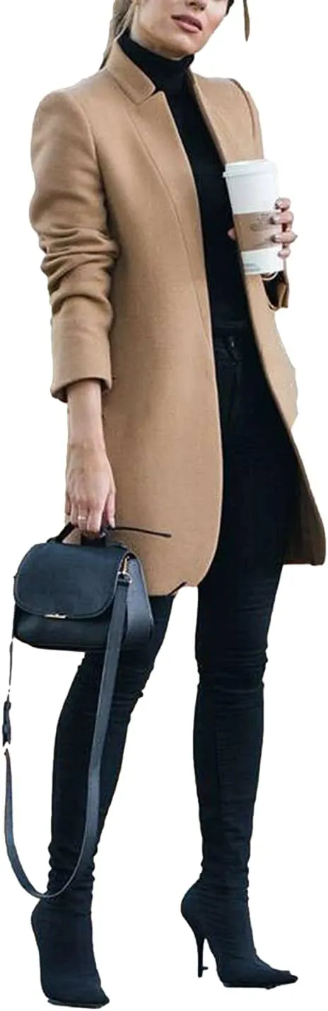 Omoone Women's Basic Stand Collar Slim Fit Jacket Pea Coat Notched Lapel Trench Coat