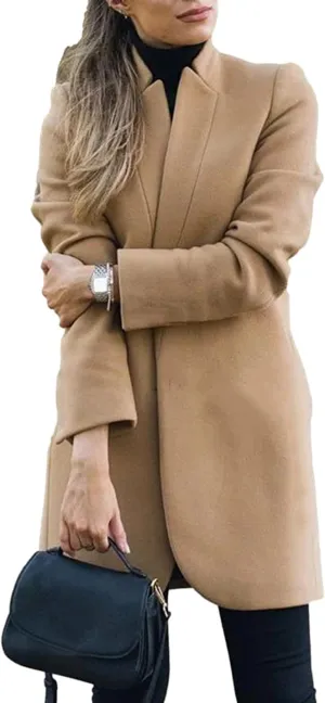Omoone Women's Basic Stand Collar Slim Fit Jacket Pea Coat Notched Lapel Trench Coat