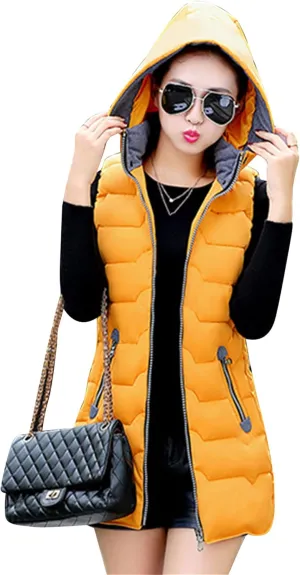 OMZIN Women's Winter Long Puffer Vest Zip up Slim Vest Lightweight Hooded Warm Down Cotton Vest