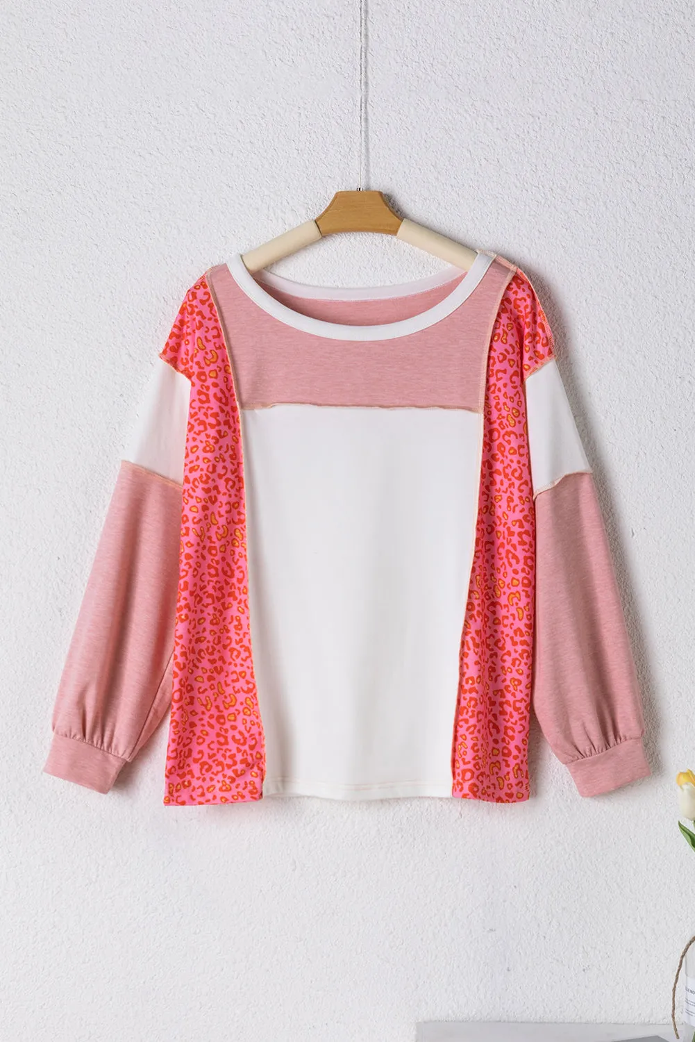 Online Peach Blossom Leopard Colorblock Patchwork Exposed Seam Top
