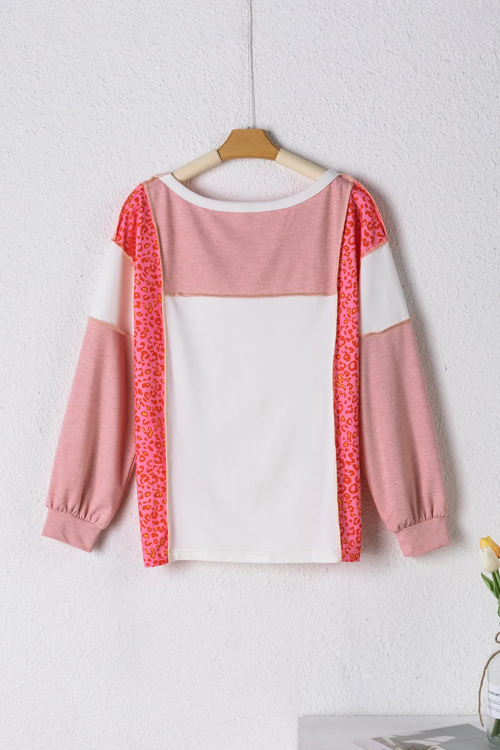 Online Peach Blossom Leopard Colorblock Patchwork Exposed Seam Top