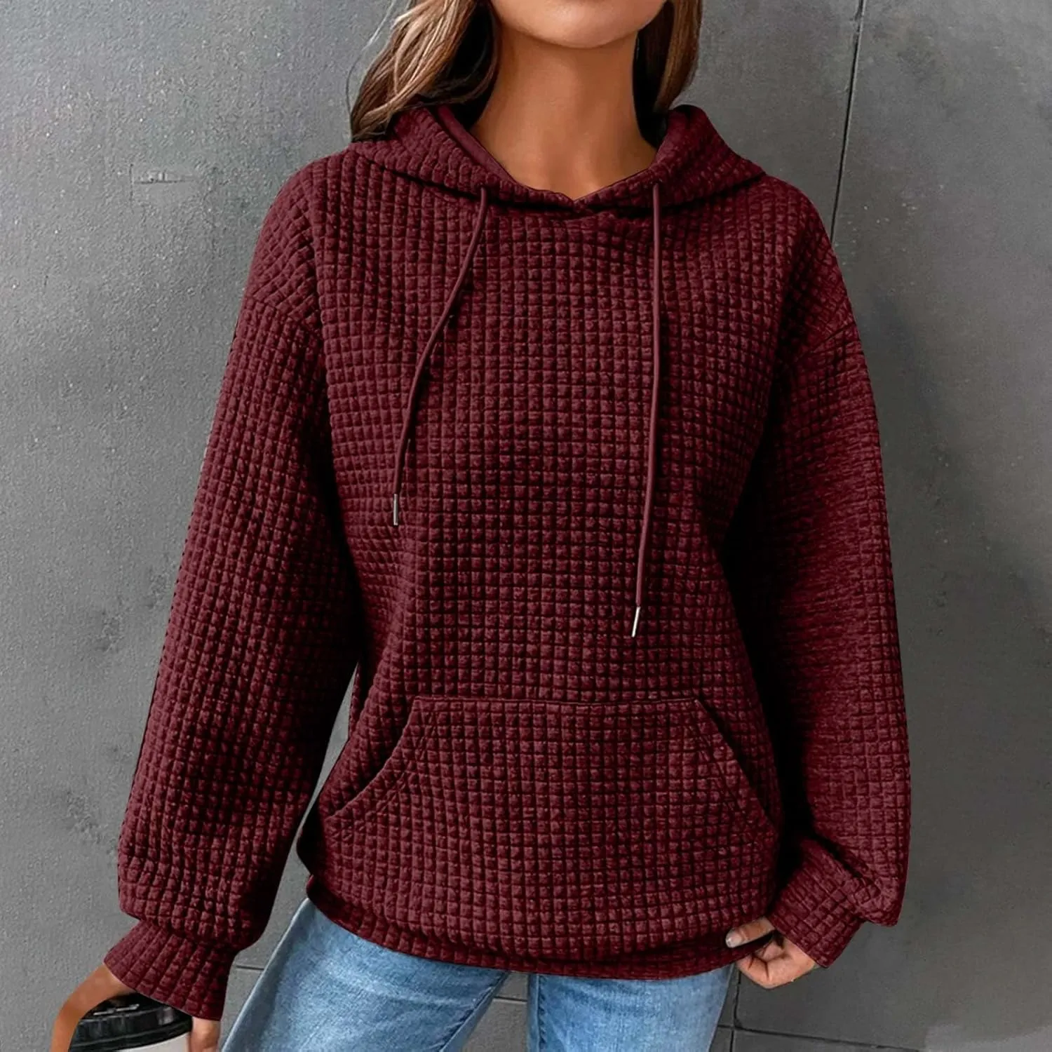 Oversized Hoodies for Women Athleisure Quilted Drawstring Crewneck Sweatshirts Fall Knit Pullover Sweaters with Pocket