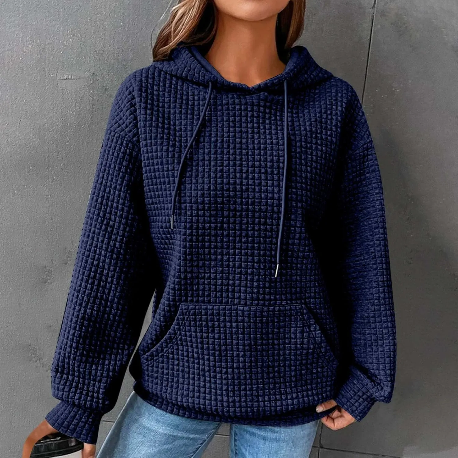 Oversized Hoodies for Women Athleisure Quilted Drawstring Crewneck Sweatshirts Fall Knit Pullover Sweaters with Pocket
