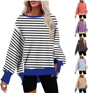 Oversized Sweatshirt for Women 2024 Long Sleeve Striped Sweatshirts Crewneck Corded Pullover Top Fall Winter Outfits