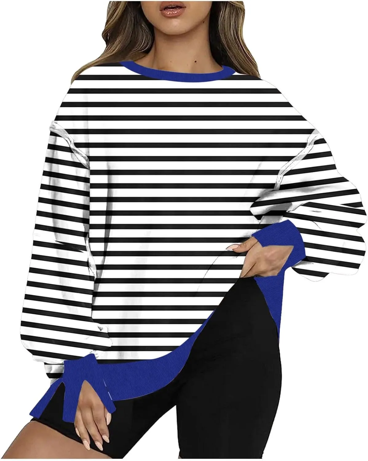 Oversized Sweatshirt for Women 2024 Long Sleeve Striped Sweatshirts Crewneck Corded Pullover Top Fall Winter Outfits