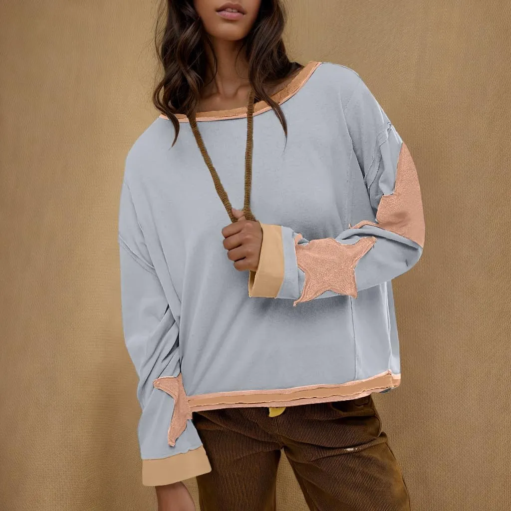 Oversized Sweatshirt for Women Lantern Sleeve Star Pullover Crewneck Corded Shirts Fashion Fall Outfits Trendy 2024