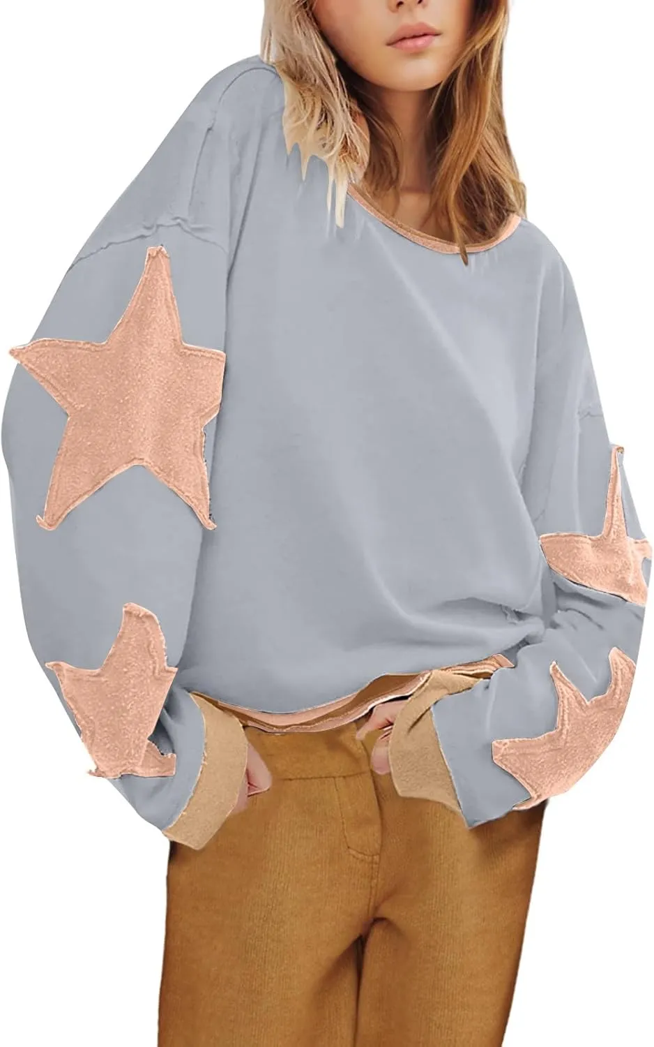 Oversized Sweatshirt for Women Lantern Sleeve Star Pullover Crewneck Corded Shirts Fashion Fall Outfits Trendy 2024