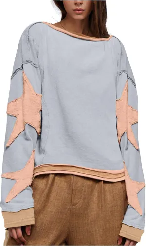 Oversized Sweatshirt for Women Lantern Sleeve Star Pullover Crewneck Corded Shirts Fashion Fall Outfits Trendy 2024