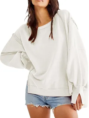 Oversized Sweatshirt for Women Side Slit Long Sleeve Pullover 2024 Fall Slouchy Fit Tops Y2K Preppy Solid Color Outfit