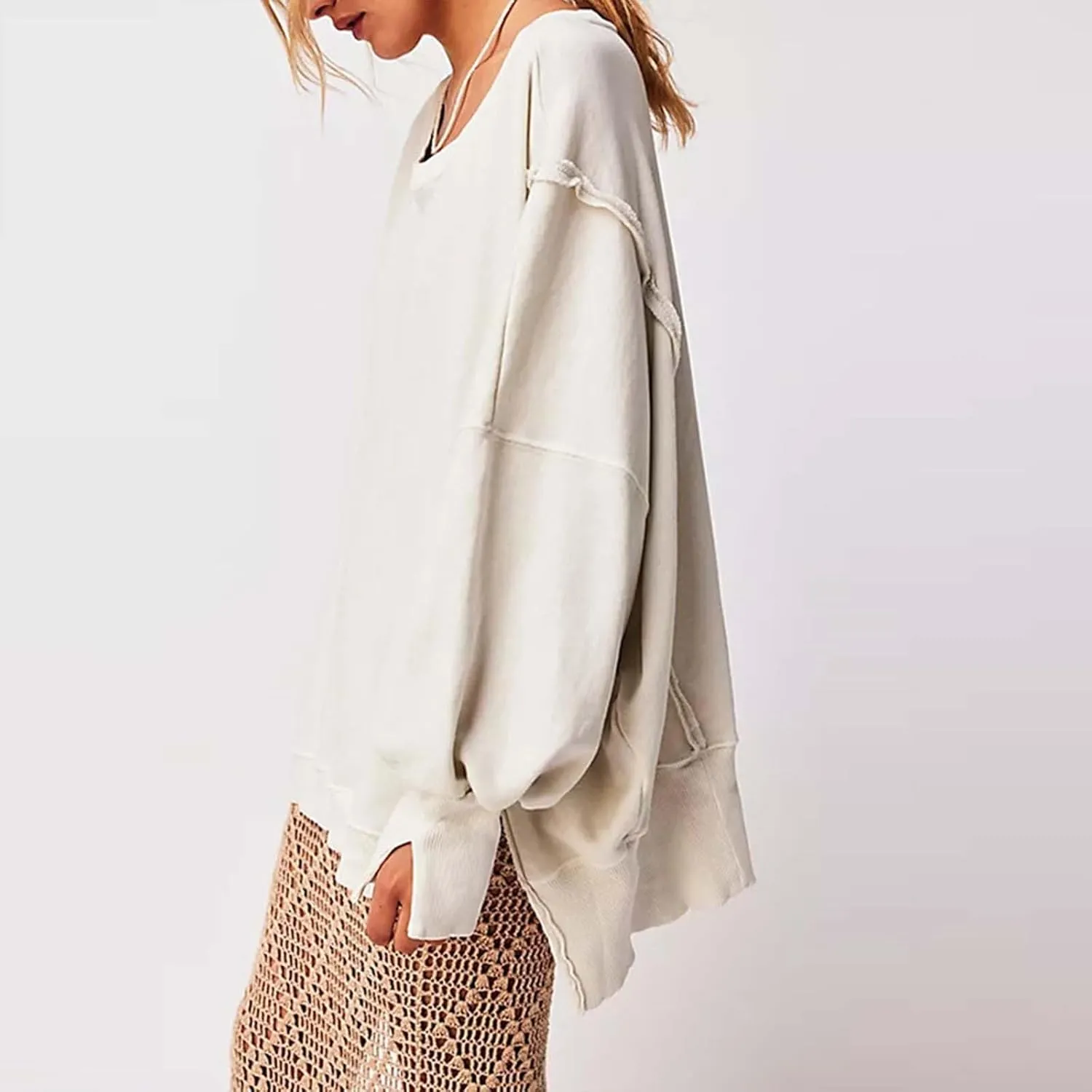 Oversized Sweatshirt for Women Side Slit Long Sleeve Pullover 2024 Fall Slouchy Fit Tops Y2K Preppy Solid Color Outfit