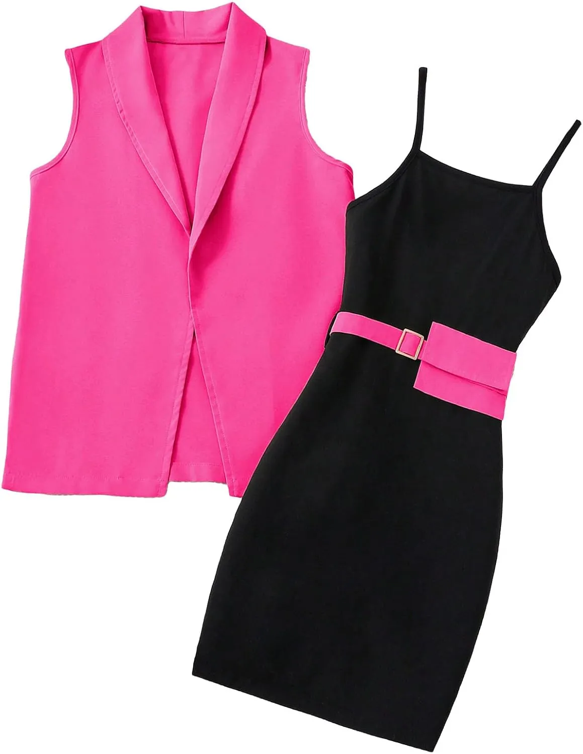 OYOANGLE Girl's 2 Piece Casual Open Front Sleeveless Blazers Vest and Colorblock Cami Dress Set