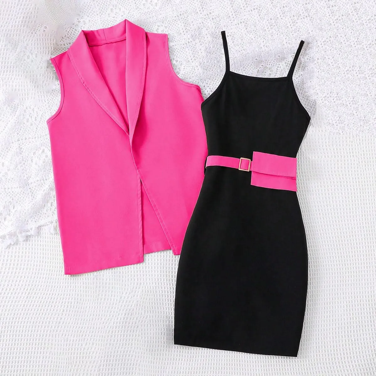 OYOANGLE Girl's 2 Piece Casual Open Front Sleeveless Blazers Vest and Colorblock Cami Dress Set