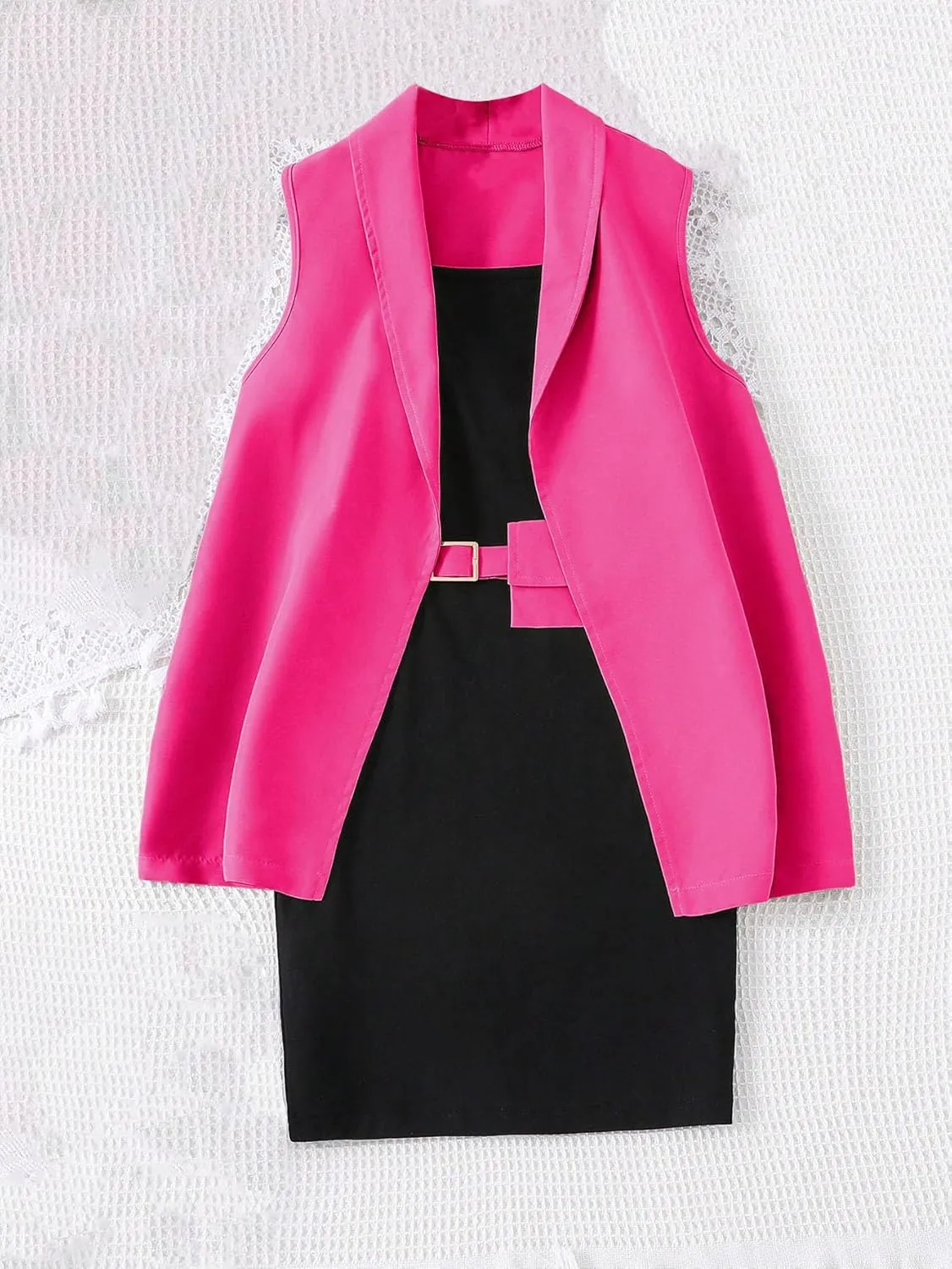 OYOANGLE Girl's 2 Piece Casual Open Front Sleeveless Blazers Vest and Colorblock Cami Dress Set