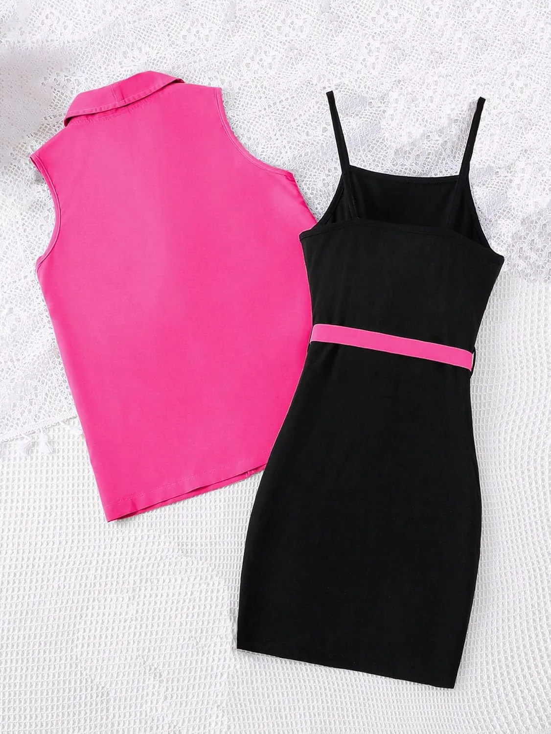 OYOANGLE Girl's 2 Piece Casual Open Front Sleeveless Blazers Vest and Colorblock Cami Dress Set